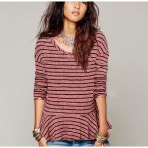 NWT Free‎ People We The Free Medium Top Striped Ruffle PEPLUM Cotton Hippie Boho